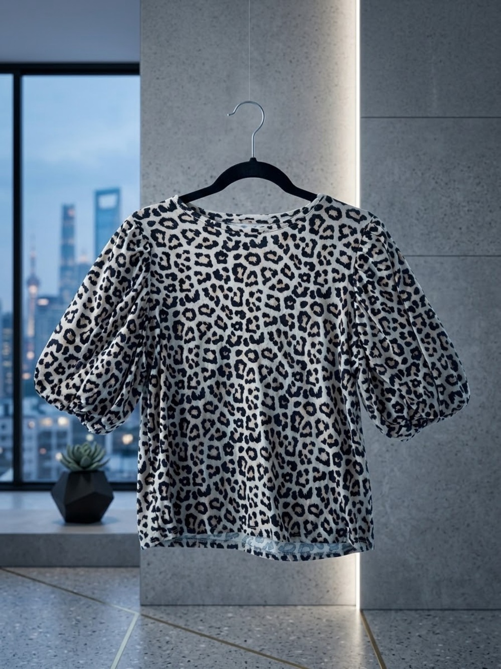 H&M Leopard Print Puff-Sleeve Blouse - Black & Cream